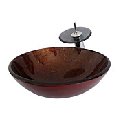 Victory Round Tempered glass Vessel Sink With Waterfall Faucet ,Pop - Up drain and Mounting Ring