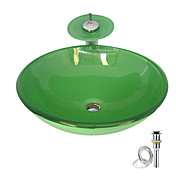 Green Tempered glass Vessel Sink With Waterfall Faucet ,Pop - Up drain and Mounting Ring