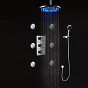 LED Wall Mount Thermostatic Shower Faucet with BodySprays (Chrome Finish)