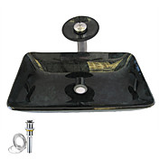 Dark Green Rectangular Tempered glass Vessel Sink With Waterfall Faucet ,Pop - Up drain and Mounting Ring