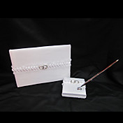 Wedding Guest Book and Pen Set In White Satin With Wedding Ring Accent