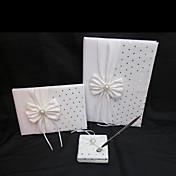 blanc collection de mariage arc mis en satin blanc avec paillettes (livre voeu de mariage, livre d'or, ensemble stylo)