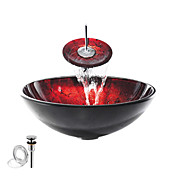 Round Tempered Glass Vessel Chrome Sink With Waterfall Faucet ,Pop - Up drain and Mounting Ring