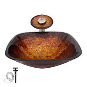 Tempered Glass Vessel Sink With Waterfall Faucet ,Pop - Up drain and Mounting Ring