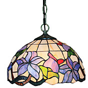 60W Contemporary 1 - Light Tiffany Pendel i glasskærm Lilla blomstermønster