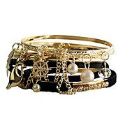 Black Leather Alloy Pearl Bracelet(7 Pcs)