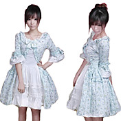Half-Sleeve Knee-length Blue Floral Cotton Country Lolita Dress