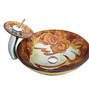 VT4218 Tempered Glass Vessel Round Sink With Pop-Up drain and Mounting Ring and Waterfall Faucet