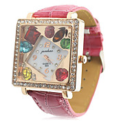 Couro da Mulher Banda analógico relógio de pulso de quartzo com Rhinstone Embutidos Dial colorido Square (vermelho)
