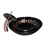 4246 Tempered Glass Vessel Round Sink With Pop-Up Drain and Waterfall Faucet and Mounting Ring