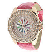 Women's Leather Band Analog Quartz Wrist Watch With Rhinstone Inlaid Dial  (Red)