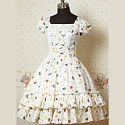 Short Sleeves Knee-length Beige Cotton Country Lolita Dress with Ribbon