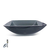 Victory Rectangular Black Tempered Glass Vessel Sink With Mounting Ring and Water Drain