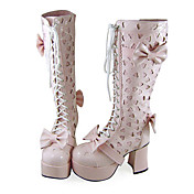 Handmade Pink PU Leather 9cm Chunky Heel Lace-up Sweet Lolita Boots