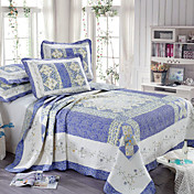 3PCS floral azul acolchado de algodón Queen Duvet cover set