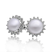 Elegant Platinum Plated Pearl Earrings with Cubic Zirconia
