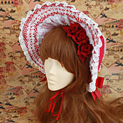 Handmade Red Check Cotone Motivo White Lace Counry Lolita Bonnet
