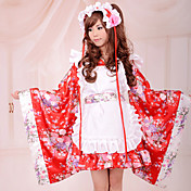Floral manches longues mi-longueur de satin rouge Wa Lolita Outfit Kimono