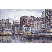 Printed Art Landscape Tugboats And Tenements by Stanton Manolakas