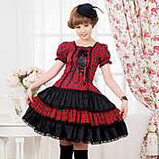 Short Sleeve Knee-length Red and Black Check Pattern Cotton Punk Lolita Dress