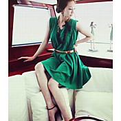 Women's Fax Silk Ruffled Sleeve Dress With Belt