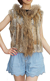 vera pelliccia di coniglio con cappuccio office / carriera gilet di maglia con collo di pelliccia di procione (altri colori)