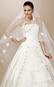 One-tier Tulle Pencil Edge Waltz Wedding Veil With Satin Flower / Pearls