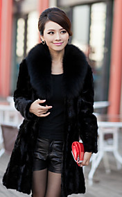 Elegant Long Sleeve Fox Fur Collar Evening Mink Fur Coat