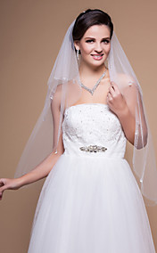 Elegant 2 Layers Fingertip Wedding Veil With Beaded Edge