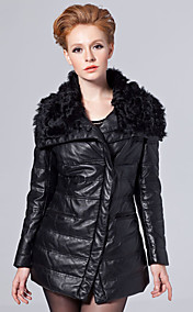 Long Sleeve Lamb Fur Turndown Collar Lambskin Leather Casual/Party Coat With Belt