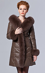 Long Sleeve Fox Fur Hooded Collar Lambskin Leather Casual/Party Coat