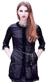 Half-Sleeve Collarless Lambskin Leather Casual/Party Coat With Lace Trim (More Colors)