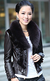Long Sleeve Fox Fur Shawl Collar Lambskin Leather With Mink Fur Casual/Office Jacket (More Colors)