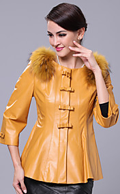3/4 Sleeve Collarless Lambskin Leather Casual/Office Jacket With Raccoon Fur Trim (More Colors)