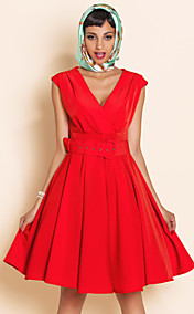 TS VINTAGE Deep V Neck Swing Belt Dress