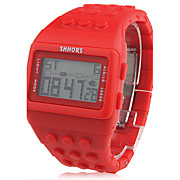  Block Bricks Design Band Wrist Watch with LED Night Light - Red
