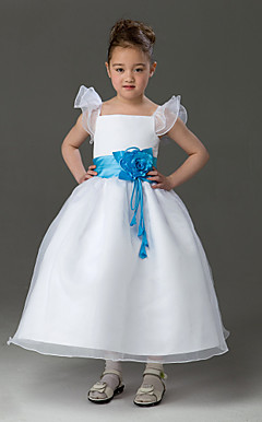 A-line Square Tea-length Organza Over Satin Flower Girl Dress
