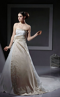 A-line Strapless Neckline Chapel Train Satin Wedding Dress