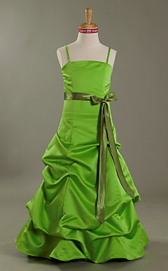 A-line Spaghetti Straps Floor-length Satin Junior Bridesmaid Dress With Pick-Ups Skirt