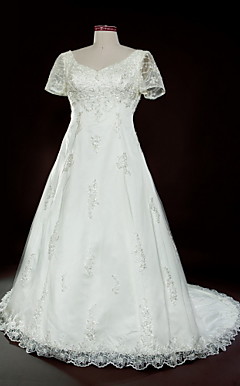 A-line V-neck Court Train Tulle Over Satin Plus Size Wedding Dress