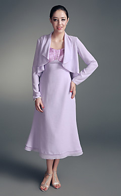 A-line Straps Tea-length Chiffon Stretch Satin Mother of the Bride Dress With A Wrap