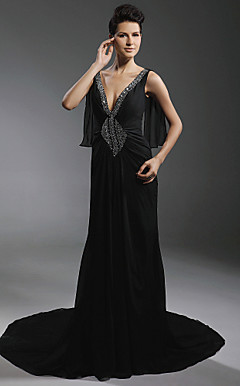 Chiffon Stretch Satin Sheath/ Column V-neck Court Train Evening Dress inspired by Diane Lane at Cannes Film Festival