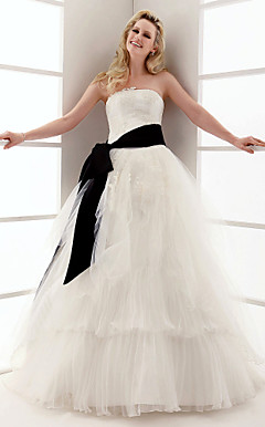 Ball Gown Strapless Floor-length Satin Tulle Wedding Dress