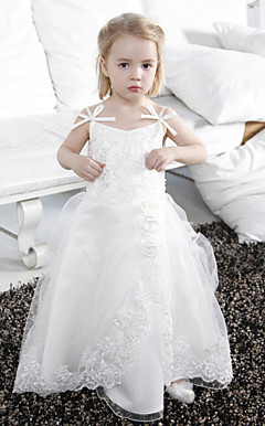 Ball Gown Spaghetti Straps Floor-length Tulle Satin Flower Girl Dress