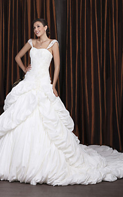 Ball Gown Off-the-shoulder Chapel Train Taffeta Tiered Wedding Dress