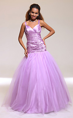 Ball Gown Spaghetti Straps Floor-length Stretch Satin And Tulle Prom Dress