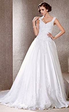 A-line V-neck Cathedral Train Satin Wedding Dress