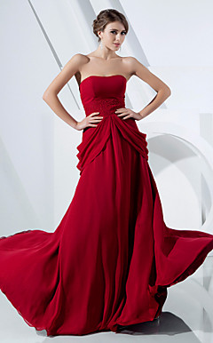 A-line Strapless Sweep/ Brush Train Chiffon Evening Dress