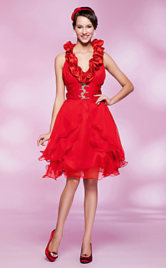 A-line Halter Knee-length Chiffon Beaded Cocktail Dress