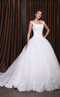Ball Gown Off-the-shoulder Chapel Train Satin Organza Wedding Dress